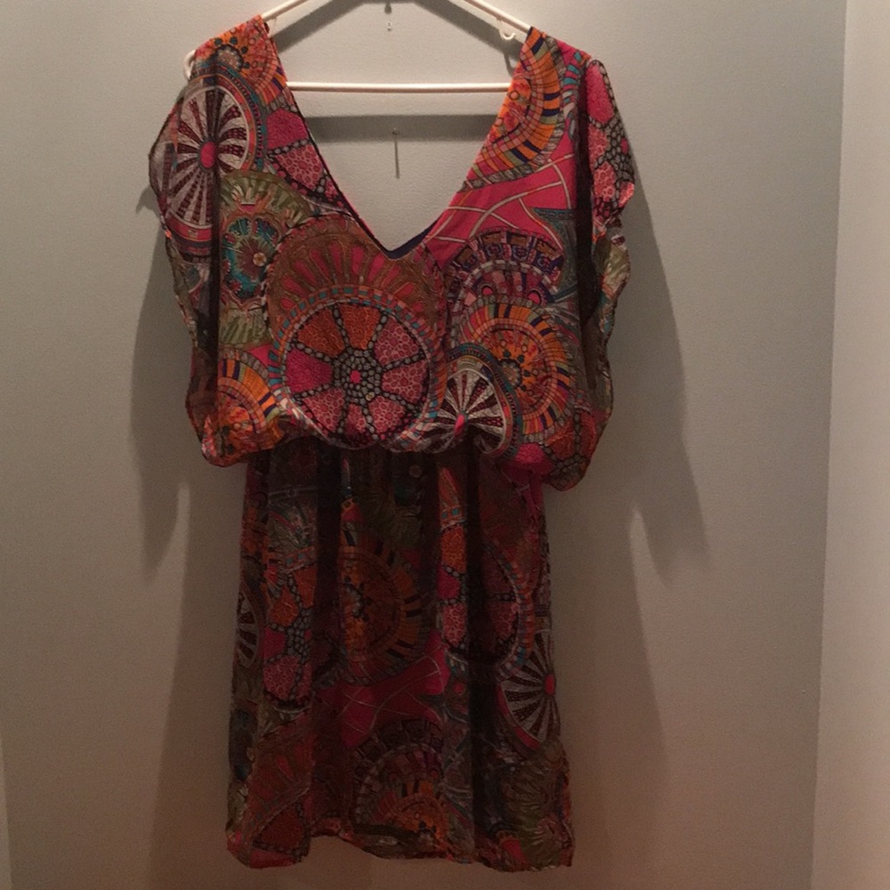 Lucy Love size Large pattered dress with navy lining, length from waist 18”